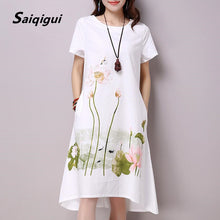 Load image into Gallery viewer, Saiqigui Summer Dress Plus Size Short Sleeve White Women Dress Casual Cotton Linen Dress Lotus Printing O-Neck Vestidos de Festa--94--