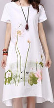 Load image into Gallery viewer, Saiqigui Summer Dress Plus Size Short Sleeve White Women Dress Casual Cotton Linen Dress Lotus Printing O-Neck Vestidos de Festa--94--