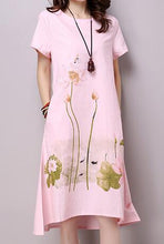 Load image into Gallery viewer, Saiqigui Summer Dress Plus Size Short Sleeve White Women Dress Casual Cotton Linen Dress Lotus Printing O-Neck Vestidos de Festa--94--