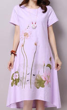 Load image into Gallery viewer, Saiqigui Summer Dress Plus Size Short Sleeve White Women Dress Casual Cotton Linen Dress Lotus Printing O-Neck Vestidos de Festa--94--