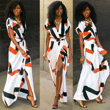 Load image into Gallery viewer, Short Sleeve Women Summer Dress Geometry Printing Women Summer Boho Long Maxi Dress V Neck Evening Party Long Dress--95--