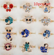Load image into Gallery viewer, AOMU Wholesale 10pcs Cartoon Cat Flower Jewelry Lots Mixed Lovely Girls boys Princess Crystal Rhinestone Kids Children's Rings--171--