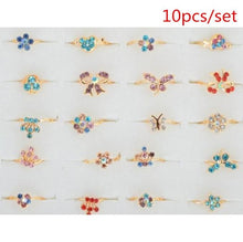Load image into Gallery viewer, AOMU Wholesale 10pcs Cartoon Cat Flower Jewelry Lots Mixed Lovely Girls boys Princess Crystal Rhinestone Kids Children's Rings--171--