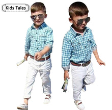 Load image into Gallery viewer, ST154 2018 new fashion boys clothes set kids loose-fitting cotton plaid shirt+ pants+ belt 3 pcs minion kids clothing set retail--137--