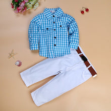 Load image into Gallery viewer, ST154 2018 new fashion boys clothes set kids loose-fitting cotton plaid shirt+ pants+ belt 3 pcs minion kids clothing set retail--137--