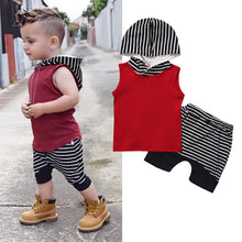 Load image into Gallery viewer, 2018 Summer Baby Boy Clothes Sleeveless Hooded Tops +Striped Shorts Pant 2PCS Outfits Toddler Kids Clothing Set--140--
