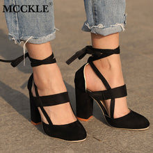 Load image into Gallery viewer, MCCKLE Plus Size Female Ankle Strap High Heels Flock Gladiator Shoes Lace Up Thick Heel Fashion Hollow Women Party Wedding Pumps--77--