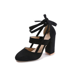 Load image into Gallery viewer, MCCKLE Plus Size Female Ankle Strap High Heels Flock Gladiator Shoes Lace Up Thick Heel Fashion Hollow Women Party Wedding Pumps--77--