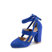 Load image into Gallery viewer, MCCKLE Plus Size Female Ankle Strap High Heels Flock Gladiator Shoes Lace Up Thick Heel Fashion Hollow Women Party Wedding Pumps--77--
