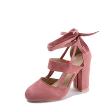 Load image into Gallery viewer, MCCKLE Plus Size Female Ankle Strap High Heels Flock Gladiator Shoes Lace Up Thick Heel Fashion Hollow Women Party Wedding Pumps--77--