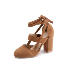 Load image into Gallery viewer, MCCKLE Plus Size Female Ankle Strap High Heels Flock Gladiator Shoes Lace Up Thick Heel Fashion Hollow Women Party Wedding Pumps--77--
