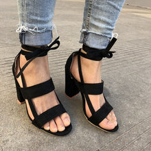 Load image into Gallery viewer, MCCKLE Plus Size Female Ankle Strap High Heels Flock Gladiator Shoes Lace Up Thick Heel Fashion Hollow Women Party Wedding Pumps--77--