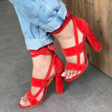 Load image into Gallery viewer, MCCKLE Plus Size Female Ankle Strap High Heels Flock Gladiator Shoes Lace Up Thick Heel Fashion Hollow Women Party Wedding Pumps--77--