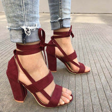 Load image into Gallery viewer, MCCKLE Plus Size Female Ankle Strap High Heels Flock Gladiator Shoes Lace Up Thick Heel Fashion Hollow Women Party Wedding Pumps--77--