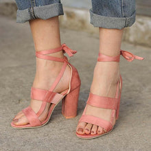 Load image into Gallery viewer, MCCKLE Plus Size Female Ankle Strap High Heels Flock Gladiator Shoes Lace Up Thick Heel Fashion Hollow Women Party Wedding Pumps--77--