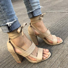Load image into Gallery viewer, MCCKLE Plus Size Female Ankle Strap High Heels Flock Gladiator Shoes Lace Up Thick Heel Fashion Hollow Women Party Wedding Pumps--77--