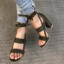Load image into Gallery viewer, MCCKLE Plus Size Female Ankle Strap High Heels Flock Gladiator Shoes Lace Up Thick Heel Fashion Hollow Women Party Wedding Pumps--77--