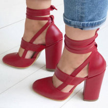 Load image into Gallery viewer, MCCKLE Plus Size Female Ankle Strap High Heels Flock Gladiator Shoes Lace Up Thick Heel Fashion Hollow Women Party Wedding Pumps--77--