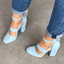 Load image into Gallery viewer, MCCKLE Plus Size Female Ankle Strap High Heels Flock Gladiator Shoes Lace Up Thick Heel Fashion Hollow Women Party Wedding Pumps--77--