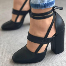 Load image into Gallery viewer, MCCKLE Plus Size Female Ankle Strap High Heels Flock Gladiator Shoes Lace Up Thick Heel Fashion Hollow Women Party Wedding Pumps--77--