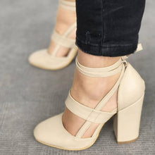 Load image into Gallery viewer, MCCKLE Plus Size Female Ankle Strap High Heels Flock Gladiator Shoes Lace Up Thick Heel Fashion Hollow Women Party Wedding Pumps--77--