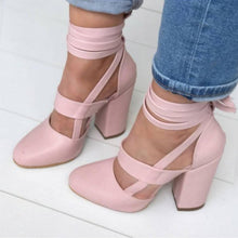 Load image into Gallery viewer, MCCKLE Plus Size Female Ankle Strap High Heels Flock Gladiator Shoes Lace Up Thick Heel Fashion Hollow Women Party Wedding Pumps--77--