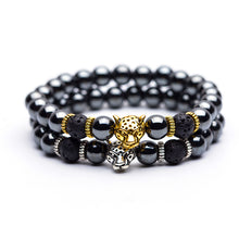 Load image into Gallery viewer, Hematite Stone Bead Strand Bracelet Golden and Silver Panther Crown Pendant Charms Bracelets&amp;Bangles for Men Male Jewelry--147--