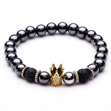 Load image into Gallery viewer, Hematite Stone Bead Strand Bracelet Golden and Silver Panther Crown Pendant Charms Bracelets&amp;Bangles for Men Male Jewelry--147--
