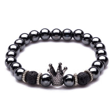 Load image into Gallery viewer, Hematite Stone Bead Strand Bracelet Golden and Silver Panther Crown Pendant Charms Bracelets&amp;Bangles for Men Male Jewelry--147--