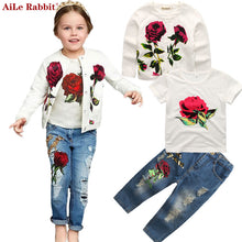 Load image into Gallery viewer, AiLe Rabbit 2017 Autumn Newest Girls Clothes Suit Jacket +T shirt + Jeans 3 Pcs Set Fashion Rose Cardigan Tops Sequin Kids Coat--139--