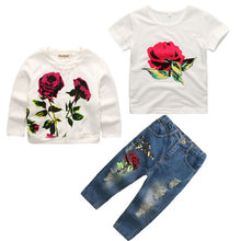 Load image into Gallery viewer, AiLe Rabbit 2017 Autumn Newest Girls Clothes Suit Jacket +T shirt + Jeans 3 Pcs Set Fashion Rose Cardigan Tops Sequin Kids Coat--139--