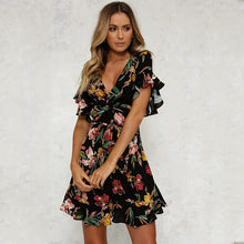 Load image into Gallery viewer, Summer Dress 2018 Women Sexy Deep V-Neck Black Flower Print Dresses Hem Folds Bohemian Style Belt Mini Ruffle  Beach Dress--100--