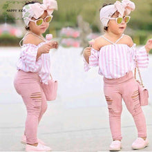 Load image into Gallery viewer, Kids Baby Girl stripe Off Shoulder Hanging neck Top + pink hole pants Outfits Clothes Summer 3Pcs Kid Girls Clothing Set--144--