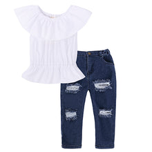 Load image into Gallery viewer, Kids Baby Girl stripe Off Shoulder Hanging neck Top + pink hole pants Outfits Clothes Summer 3Pcs Kid Girls Clothing Set--144--