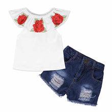 Load image into Gallery viewer, Kids Baby Girl stripe Off Shoulder Hanging neck Top + pink hole pants Outfits Clothes Summer 3Pcs Kid Girls Clothing Set--144--