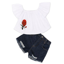 Load image into Gallery viewer, Kids Baby Girl stripe Off Shoulder Hanging neck Top + pink hole pants Outfits Clothes Summer 3Pcs Kid Girls Clothing Set--144--
