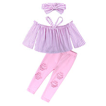 Load image into Gallery viewer, Kids Baby Girl stripe Off Shoulder Hanging neck Top + pink hole pants Outfits Clothes Summer 3Pcs Kid Girls Clothing Set--144--