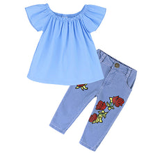 Load image into Gallery viewer, Kids Baby Girl stripe Off Shoulder Hanging neck Top + pink hole pants Outfits Clothes Summer 3Pcs Kid Girls Clothing Set--144--