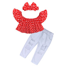 Load image into Gallery viewer, Kids Baby Girl stripe Off Shoulder Hanging neck Top + pink hole pants Outfits Clothes Summer 3Pcs Kid Girls Clothing Set--144--