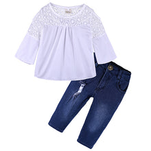 Load image into Gallery viewer, Kids Baby Girl stripe Off Shoulder Hanging neck Top + pink hole pants Outfits Clothes Summer 3Pcs Kid Girls Clothing Set--144--