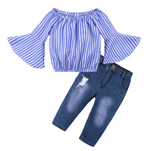 Load image into Gallery viewer, Kids Baby Girl stripe Off Shoulder Hanging neck Top + pink hole pants Outfits Clothes Summer 3Pcs Kid Girls Clothing Set--144--