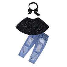 Load image into Gallery viewer, Kids Baby Girl stripe Off Shoulder Hanging neck Top + pink hole pants Outfits Clothes Summer 3Pcs Kid Girls Clothing Set--144--