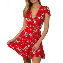 Load image into Gallery viewer, Summer Dress 2018 Women Sexy Deep V-Neck Black Flower Print Dresses Hem Folds Bohemian Style Belt Mini Ruffle  Beach Dress--100--