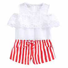 Load image into Gallery viewer, Kids Baby Girl stripe Off Shoulder Hanging neck Top + pink hole pants Outfits Clothes Summer 3Pcs Kid Girls Clothing Set--144--
