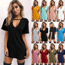 Load image into Gallery viewer, 2018 New Summer explosions solid color loose short-sleeved V-neck hanging neck hollow sexy Mini dress--92--