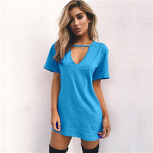 Load image into Gallery viewer, 2018 New Summer explosions solid color loose short-sleeved V-neck hanging neck hollow sexy Mini dress--92--