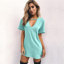 Load image into Gallery viewer, 2018 New Summer explosions solid color loose short-sleeved V-neck hanging neck hollow sexy Mini dress--92--