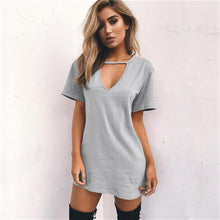 Load image into Gallery viewer, 2018 New Summer explosions solid color loose short-sleeved V-neck hanging neck hollow sexy Mini dress--92--