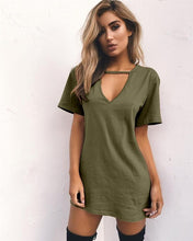 Load image into Gallery viewer, 2018 New Summer explosions solid color loose short-sleeved V-neck hanging neck hollow sexy Mini dress--92--