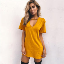 Load image into Gallery viewer, 2018 New Summer explosions solid color loose short-sleeved V-neck hanging neck hollow sexy Mini dress--92--
